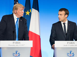 The President of United States of America Donald Trump with the french President Emmanuel Macron in press conference at the Elysee Palace after an extended interview.