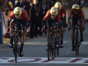 Bahrain-Merida team competes during the first stage of the 2019 La Vuelta cycling tour of Spain, a 13,4 km race against the clock on Aug 24, 2019