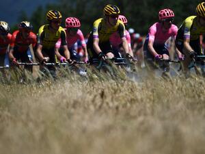Bahrain-Merida teams during the fifth stage of the 71st edition of the Criterium du Dauphine cycling race, 201 km between Boen-sur-Lignon and Voiron on June 13, 2019.