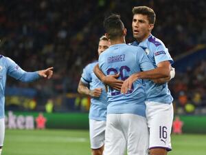 Manchester City's players celebrate a goal scored by Riyad Mahrez during the UEFA Champions League match against FC Shakhtar Donetsk on September 18, 2019. Genya SAVILOV / AFP 