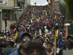 Protesters march against President Lenin Moreno's decision to slash fuel subsidies, in Quito on October 9, 2019. Unions and other groups alongside thousands of farmers and indigenous people are expected in the streets of the capital Quito. 