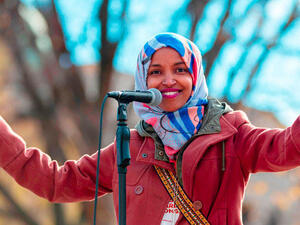 Ilhan Omar, speaks to a group of supporters at University of Minnesota in Minneapolis, Minnesota, on November 2, 2018. (AFP)