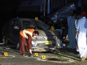 Pakistani security officials examine the site of a bomb blast in Quetta on May 13, 2019. Four police were killed and nine people wounded. (BANARAS KHAN / AFP)