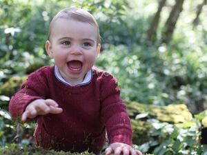 Little Prince Louis looks gleeful as he crawls, covered in moss, around the garden. (Daily Mail)
