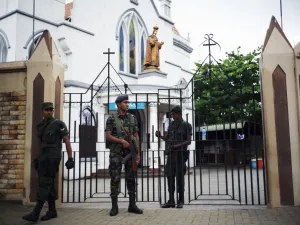 Soldiers stand guard a closed church in Colombo on April 28, 2019, a week after a series of bomb blasts targeting churches and luxury hotels on Easter Sunday in Sri Lanka. (AFP/ File Photo)