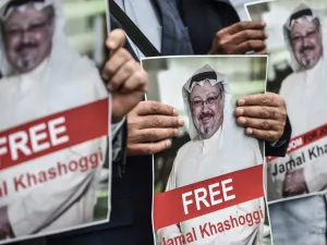 Protestors hold pictures of missing journalist Jamal Khashoggi during a demonstration in front of the Saudi Arabian consulate on October 8, 2018 in Istanbul. (Ozan Kose/AFP via Getty Images)