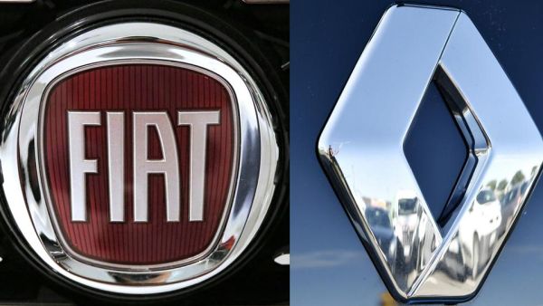 This combination of pictures created on May 26, 2019 shows the logo of Italian automaker Fiat (L) in Saluzzo, near Turin, and the logo of carmaker Renault in Saint-Herblain, western France. 