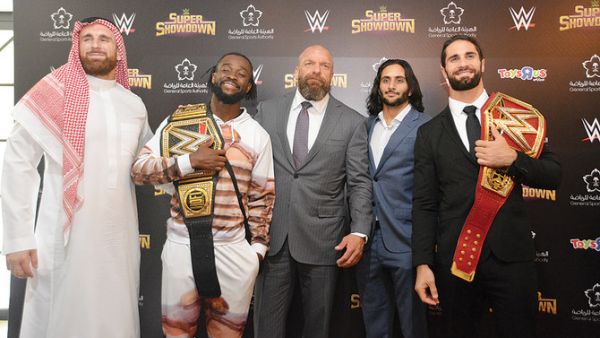 From left, Tripe H, Kofi Kingston, Mojo Rawley, Mansour Al-Shehail and Seth Rollins during the press conference on Thursday. (Photo: Huda Bashatah)