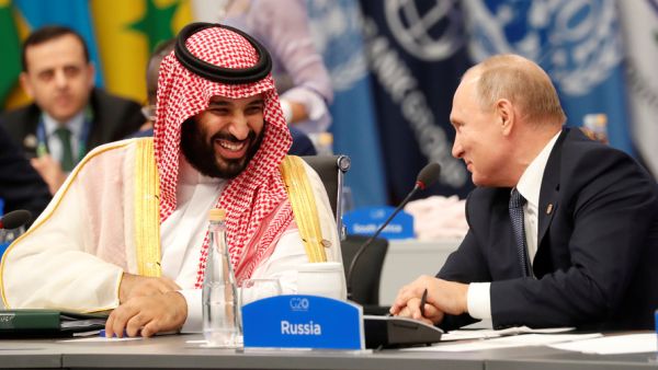 Mohammed bin Salman and Vladimir Putin at a working session of leaders at the G20 summit in Osaka, Japan. (TradeArabia) Mohammed bin Salman and Vladimir Putin at a working session of leaders at the G20 summit in Osaka, Japan.