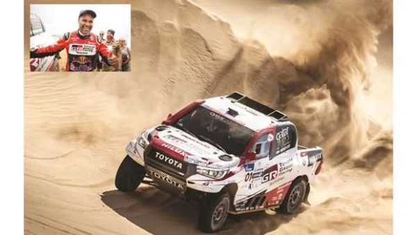 Qatar’s Nasser Saleh al-Attiyah (also inset) and his French co-driver Mathieu Baumel in action during the ninth stage of the Silk Way Rally yesterday. (Red Bull Content Pool) Photo: Sports Reporter/Doha