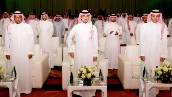 General Sports Authority President Prince Abdul Aziz bin Turki Al-Faisal, center, with officials of the Kingdom’s sports clubs during a press conference on Saturday. (Photo: Huda Bashatah)