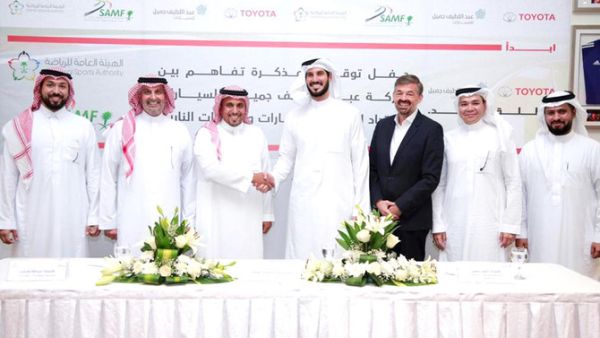 The agreement was signed by Prince Khalid S. Al-Faisal, Abdullah S. Bakhashab, and Hassan Jameel at the Saudi Automobile Federation headquarters in Jeddah (Photo: Arab News)