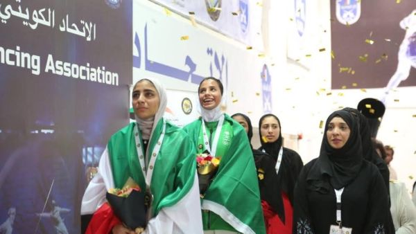 Saudi fencer Hasna Al-Hammad is seen on the podium after bagging the first Saudi gold medal on the second day of the 6th Gulf Cooperation Council (GCC) Women’s Games in Kuwait City on Monday. — SPA