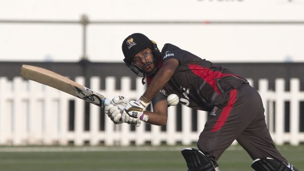 The UAE's Chirag Suri plays a shot during the match against Jersey at the Zayed Cricket Stadium. (Photo by Ryan Lim)