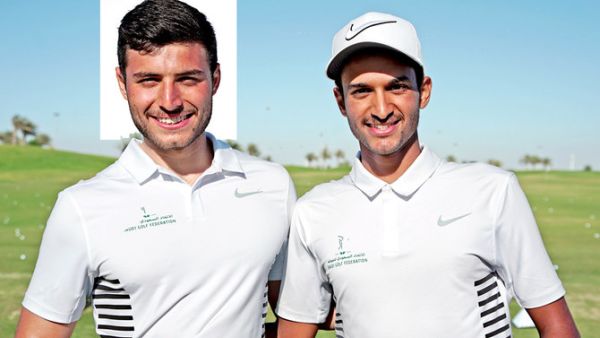 Faisal Salhab and Saud Alsharif during a break in training at Royal Greens Golf and Country Club. (Photo/Supplied)