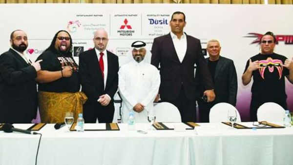 The pro-wrestling superstars Alofa, The Great Khali, and Rob Van Dam join QPW and Superslam 2 organisers at a press conference on Thursday at Dusit Doha Hotel Photo: Nasar K Moidheen.