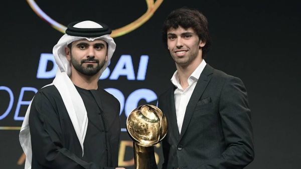 Sheikh Mansoor Bin Mohammad Bin Rashid Al Maktoum, the Chairman of Dubai Sports Council, presents Joao Felix with the Best Revelation Player trophy at the Dubai Globe Soccer Awards in Dec 2019. (Photo: SG)