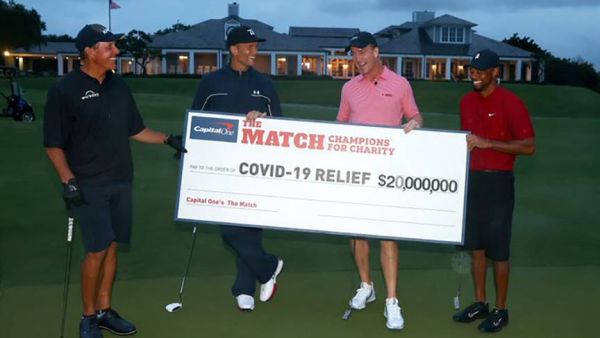 Tiger Woods and Phil Mickelson and NFL quarterback legends Peyton Manning and Tom Brady took part in a made-for-television charity golf event. (Photo: Twitter)
