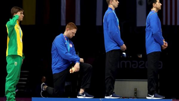American fencer Race Imboden knelt in protest while at the 2019 Pan American Games in Lima, but would face punishment if he did so at the 2021 Summer Games in Tokyo. (Photo: Juan Ponce/EPA-EFE)