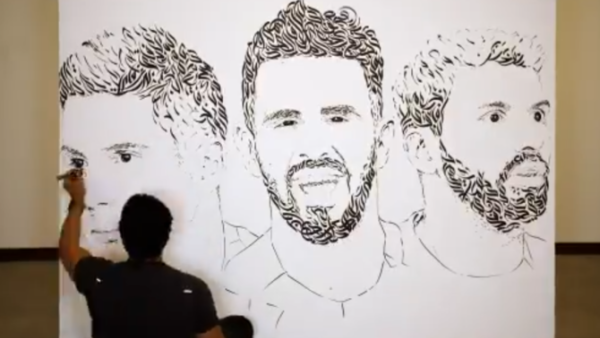 Diaa Allam’s Arabic calligraphy-inspired artwork features Man City star players Sergio Aguero, Kevin De Bruyne and Riyad Mahrez. (Supplied)