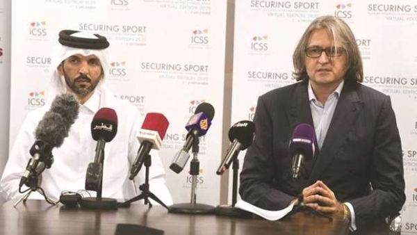 International Centre for Sport Security (ICSS) CEO Massimiliano Montanari (right) and Saleh Salem al-Eida, Special Advisory, Strategy and Partnership Development, are pictured at a press conference yesterday. (Photo: Gulf Times)