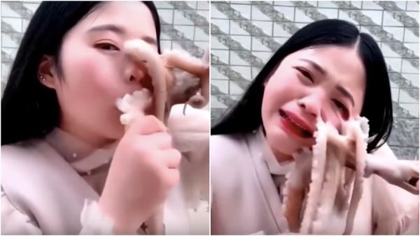 Woman tries to eat octopus alive, nearly gets face ripped. (Video Screenshot)
