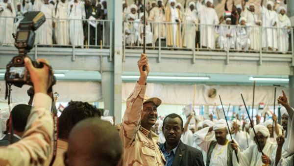 Sudanese General Mohamed Hamdan Dagalo, also known as Himediti, deputy head of Sudan's ruling Transitional Military Council (TMC) and commander of the Rapid Support Forces (RSF) paramilitaries, is pictured during a meeting with his supporters in the capital Khartoum on June 18, 2019.  (Yasuyoshi CHIBA / AFP)