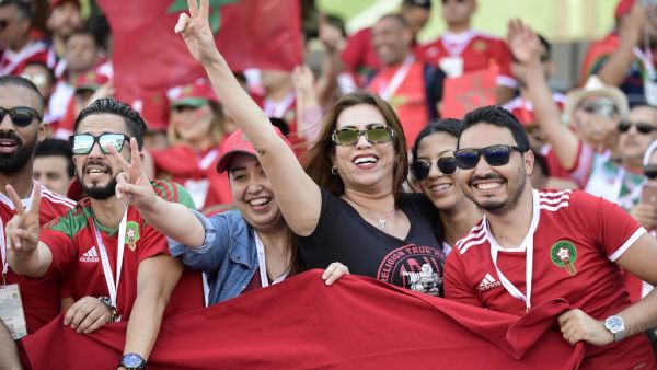 Morocco supporters cheer ahead of the 2019 Africa Cup of Nations (CAN) football match between Morocco and Namibia at the Al Salam Stadium in Cairo on June 23, 2019.  (JAVIER SORIANO / AFP)