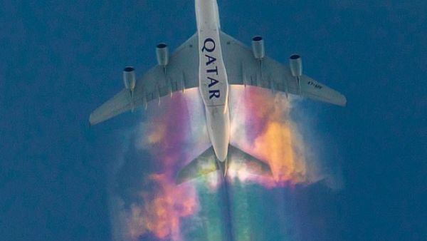 Contrails are produced after water vapour emitted from the jet of an aircraft condenses and freezes in the air. (Daily Mail)