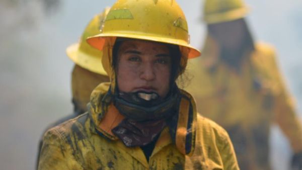 A firefighter working near Concepcion, Chile, where an aircraft assisted teams on the ground working to put out a wildfire.(AFP/AFP/Getty Images)