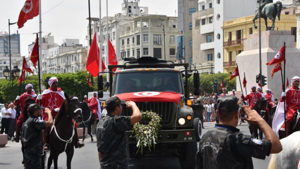 This picture taken on July 27, 2019 shows a view of the funerary procession of late Tunisian president Beji Caid Essebsi at the presidential palace in the capital's eastern suburb of Carthage. (AFP/ File Photo)