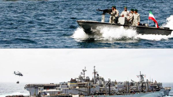 This combination of file pictures created on July 22, 2019, shows Iranian soldiers taking part in the "National Persian Gulf day" in the Strait of Hormuz, on April 30, 2019 (up) and the amphibious assault ship USS Boxer (LHD 4) receiving a vertical replenishment-at-sea in the Arabian Sea on July 14, 2019. (US Navy photo via AFP)