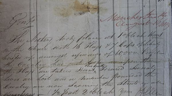 This torn scrap of paper contains the first panicked description of the deaths during the Peterloo Massacre. (National Archives)
