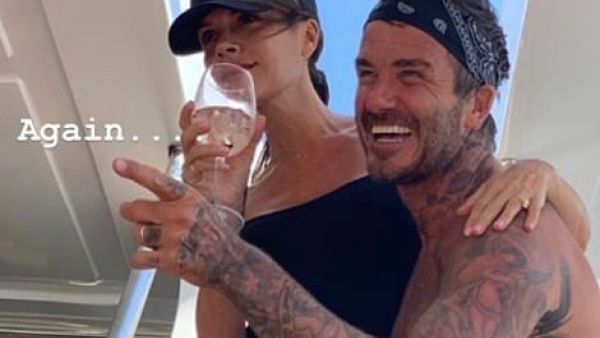 David and Victoria Beckham (left) looked happier than ever another onboard a yacht as they continued to document their idyllic trip to Puglia (Instagram)