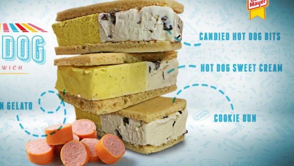 Oscar Meyer unveiled the Ice Dog Sandwich, an ice cream sandwich featuring bits of candied hot dog meat and mustard flavored ice cream. (Image courtesy of Oscar Meyer)