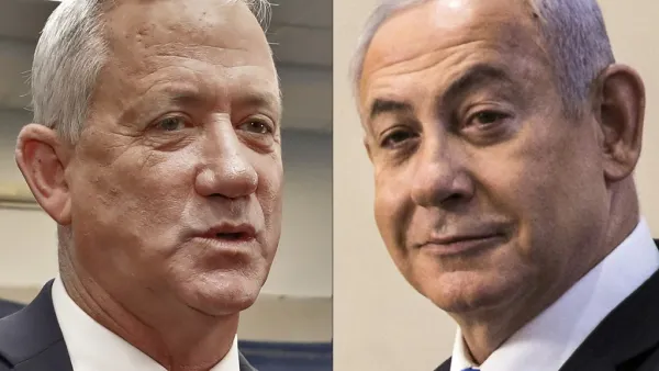 This combination picture created on September 18, 2019 shows Retired Israeli General Benny Gantz (L), leader and candidate of the Israel Resilience party that is part of the Blue and White (Kahol Lavan) political alliance, speaking to journalists after voting during Israel's parliamentary election at a polling station in Rosh Haayin, and Israeli Prime Minister Benjamin Netanyahu (R) smiling after casting his vote at a polling station in Jerusalem (AFP)