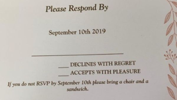 The unidentified bride and groom's invitation was shared to Reddit last week, where it was praised by fellow users for its extra requirement of bringing a 'chair and a sandwich'  (dailymail.co.uk)