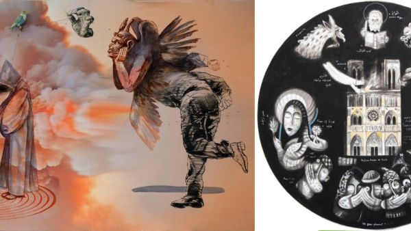 From (L) to (R): New works are a reaction to the fire in France’s most-famous cathedral earlier this year and Boutros Al-Maari, Notre-Dame, 2019. (Supplied/ Arab News)