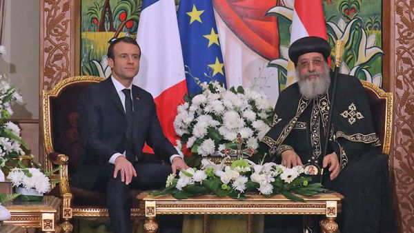 Egypt's Coptic Orthodox Pope Tawadros II (R) meets with French President Emmanuel Macron at the Coptic Church headquarters in Cairo on January 29, 2019. (Ludovic MARIN / AFP)