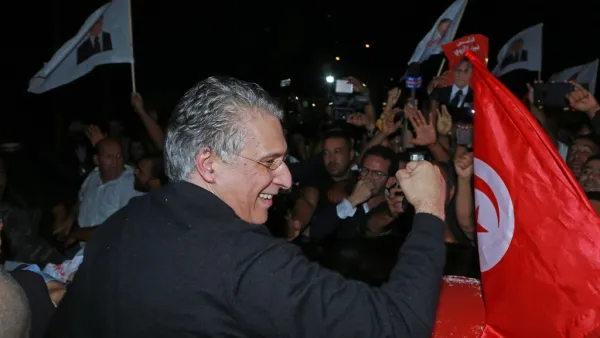 Tunisia's presidential candidate Nabil Karoui greets his supporters after being released from Mornaguia prison near the capital Tunis on October 9, 2019. (AFP/ File Photo)
