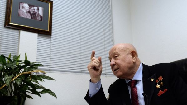 Soviet cosmonaut Alexei Leonov, who was the first man to walk in space on March 18, 1965, gestures during his interview with AFP in Moscow. The first to conduct a spacewalk, Soviet-era cosmonaut Alexei Leonov, has died in Moscow aged 85, his assistant said.  Vasily MAXIMOV / AFP