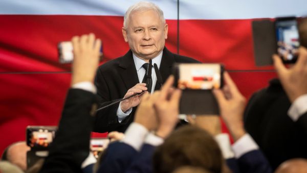 Leader of Poland's ruling Law and Justice (PiS) party, Jaroslaw Kaczynski reacts after the first exit polls during the party's electoral evening in Warsaw, Poland, on October 13, 2019.  (AFP/ File Photo)