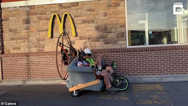 Collin Randle and friend Arcenio spent months transforming the $60 couch into a vehicle that can reach speeds of up to 32mph (Caters)