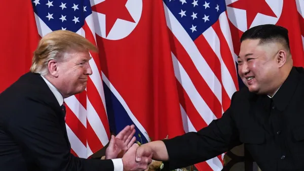US President Donald Trump shakes hands with North Korean leader Kim Jong-un following a meeting in Hanoi, Vietnam, in February. (AFP/ File Photo)