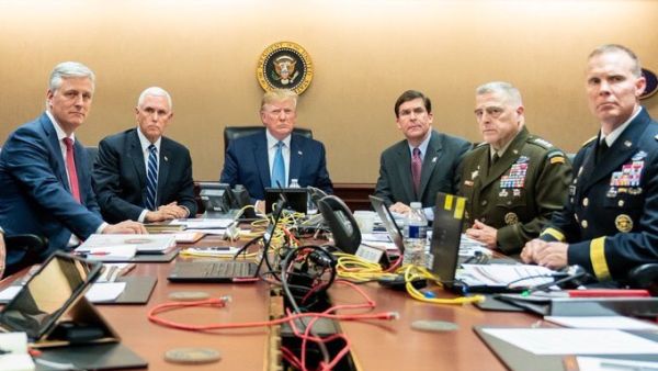 US President Trump in the situation room last night watching the US Special Forces raid that killed ISIS leader Abu Bakr Al Baghdadi (Twitter)