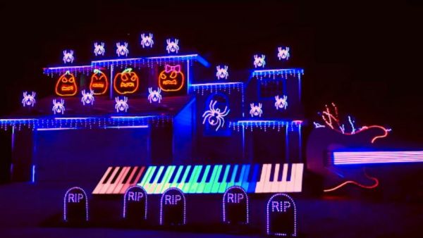 Tom BetGeorge decorated his Tracy home with spooky decorations and a series of lights that illuminate in conjunction with various songs. (Video Screenshot)