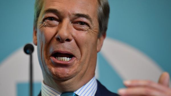 Brexit Party leader Nigel Farage speaks on stage during an event to launch the Brexit Party general election campaign in London on November 1, 2019. Britain goes to the polls on December 12, 2019 to vote in a pre-Christmas general election. Ben STANSALL / AFP