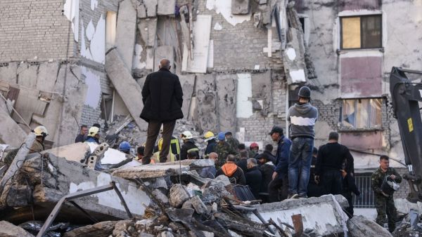 Rescue workers remove debris from a collapsed building in Thumane, northwest of capital Tirana, after an earthquake hit Albania, on November 26, 2019. (AFP/ File Photo)
