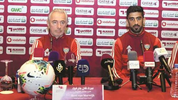 UAE coach Bert van Marwijk (left) and captain Hamdan al-Kamali address a press conference yesterday. (Photo: Shemeer Rasheed)