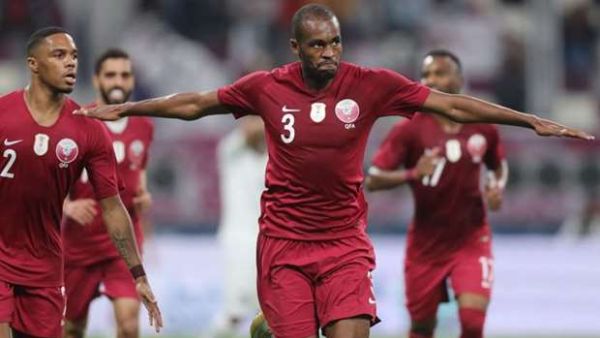 Qatar's defender Abdelkarim Hassan (C) celebrates after scoring during the 24th Arabian Gulf Cup Group A football match between Yemen and Qatar at the Khalifa International Stadium, Doha